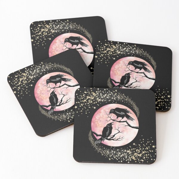 Item preview, Folk art ravens against watercolor blood moon designed and sold by RedFinchDesigns.