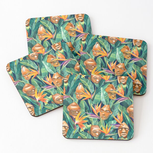 Item preview, African wooden masks and Strelitzia on dark blue background designed and sold by Irina Ivanova.