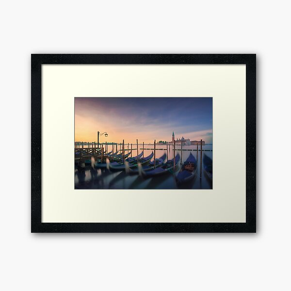 Venice lagoon, San Giorgio church and gondolas at sunrise. Italy Framed Art Print