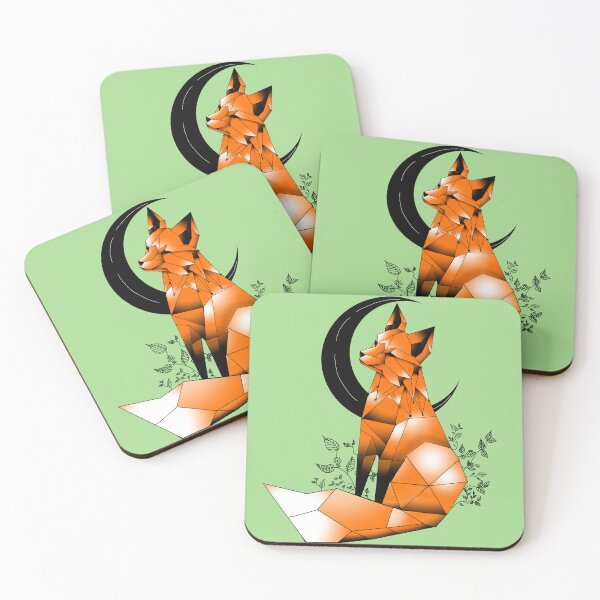 Item preview, Geometric Fox with crescent Moon and leaves light  green background 2 designed and sold by DemonicGloom.