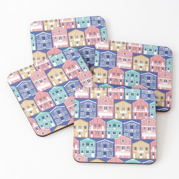 Item preview, Colourful Portuguese houses // electric blue background rob roy yellow mandy red electric blue and peacock teal Costa Nova inspired houses designed and sold by SelmaCardoso.