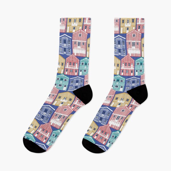 Item preview, Colourful Portuguese houses // electric blue background rob roy yellow mandy red electric blue and peacock teal Costa Nova inspired houses designed and sold by SelmaCardoso.