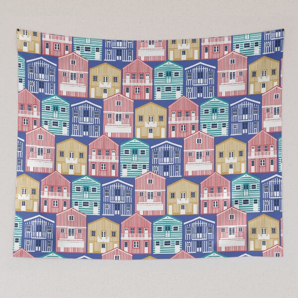 Item preview, Colourful Portuguese houses // electric blue background rob roy yellow mandy red electric blue and peacock teal Costa Nova inspired houses designed and sold by SelmaCardoso.