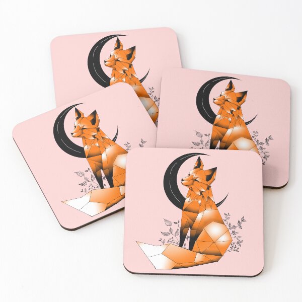 Item preview, Geometric Fox with crescent Moon and leaves light pink background  designed and sold by DemonicGloom.
