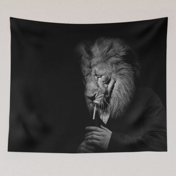 Item preview, Man in the form of a Lion he smokes a cigarette , The lion person , animal face isolated black white	 designed and sold by MarketVisionAV.