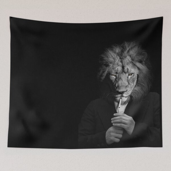 Item preview, Man in the form of a Lion he smokes a cigarette , The lion person , animal face isolated black white designed and sold by MarketVisionAV.