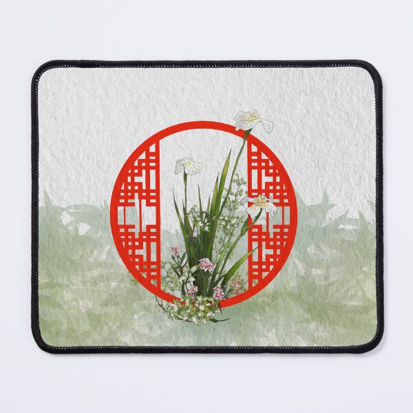 Item preview, Watercolor flowers with a red Chinese lattice on white background designed and sold by CuisineCat.