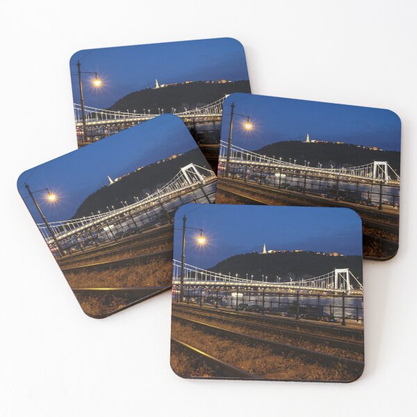 Item preview, A view of Liberty Bridge, Danube river, Gillert Hill, across railway lines in Budapest, Hungary, at night designed and sold by SnapTPhotograph.