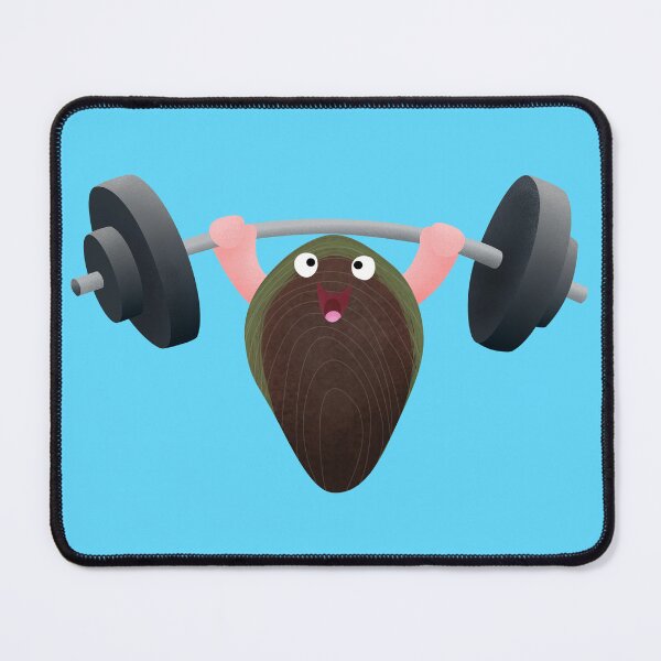 Item preview, Funny mussel lifting weights cartoon illustration designed and sold by FrogFactory.