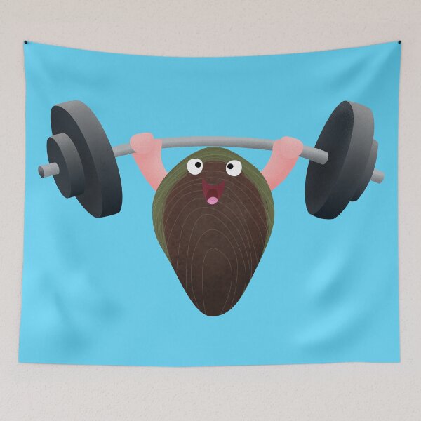 Item preview, Funny mussel lifting weights cartoon illustration designed and sold by FrogFactory.