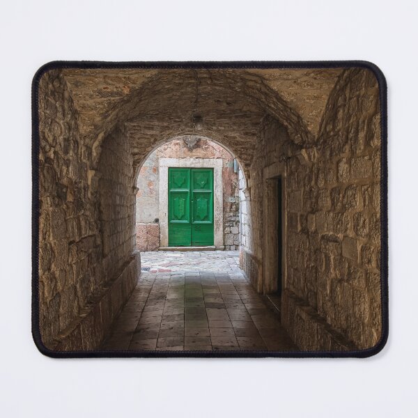 Item preview, An alleyway in the old town of Kotor, Montenegro, with a green door at the end designed and sold by SnapTPhotograph.