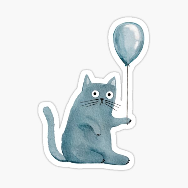 Watercolor cat with balloon Happy Birthday Sticker