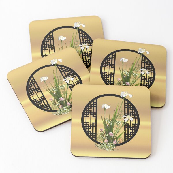 Item preview, Watercolor oriental flowers with a black Chinese lattice on gold background designed and sold by CuisineCat.