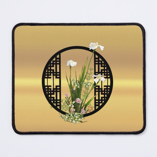 Item preview, Watercolor oriental flowers with a black Chinese lattice on gold background designed and sold by CuisineCat.