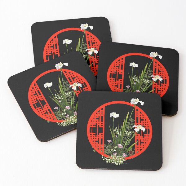 Item preview, Chinese watercolor ikebana flowers with a red Chinese lattice designed and sold by CuisineCat.