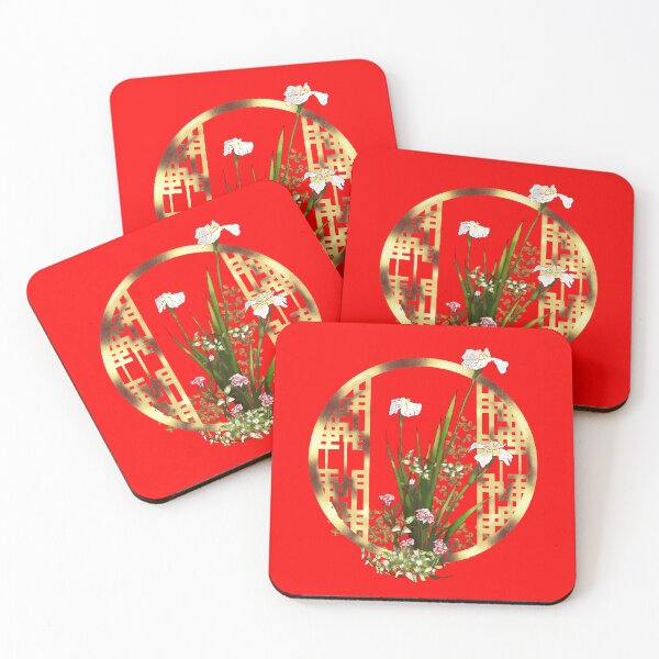 Artikelvorschau, Japanese watercolor flowers with a gold Chinese lattice entworfen und verkauft von CuisineCat.