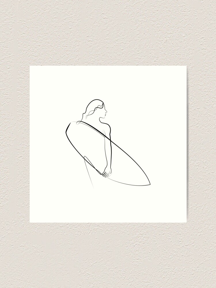 "Girl surfer one line art • Woman with surf board single line art" Art
