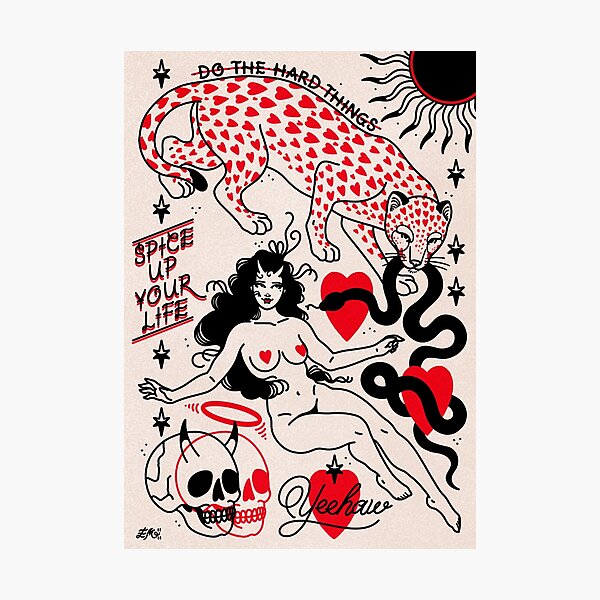 Item preview, Do The Hard Things Leopard Lady Skulls Hearts Vintage Romance Traditional Tattoo Flash Style Print by Ella Mobbs Creep Heart designed and sold by Ella Mobbs.