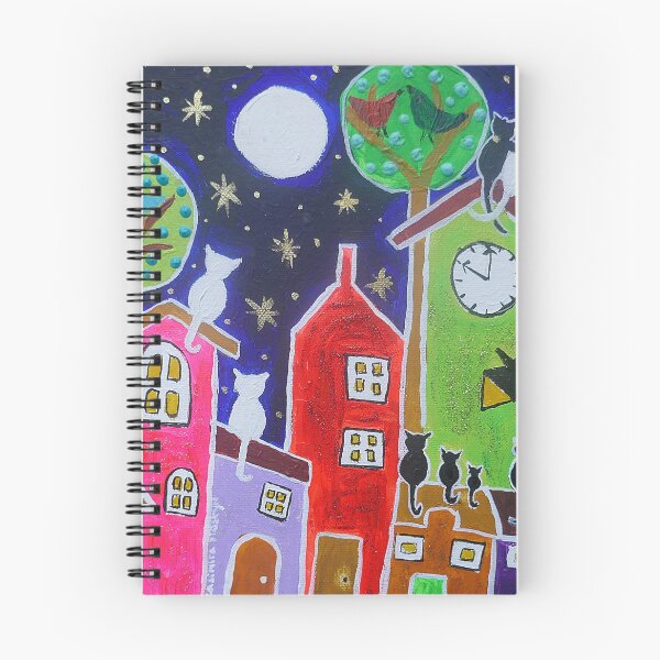 Aperçu de l'œuvre Chats regardant la lune sur les toits colorés de Qukry créée et vendue par Casimirasart.