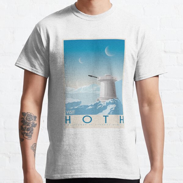 Hoth poster. Starwars retro travel. Ice planet. Tauntaun movie. Empire strikes back. Echo rebel base. Snowspeeder print. Vintage illustration. Fictional Travel. Episode V Classic T-Shirt