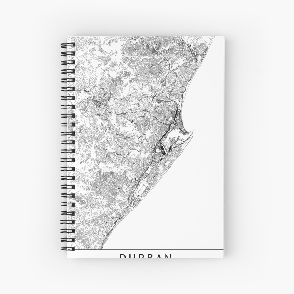 "Durban White Map" Spiral Notebook by multiplicitymap Redbubble
