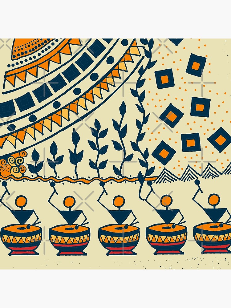 Colorful Warli Art - sun flowers men playing drums dance vibes