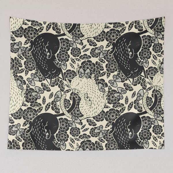 Item preview, Abstract Cats Floral Black White designed and sold by MobertsonArt.