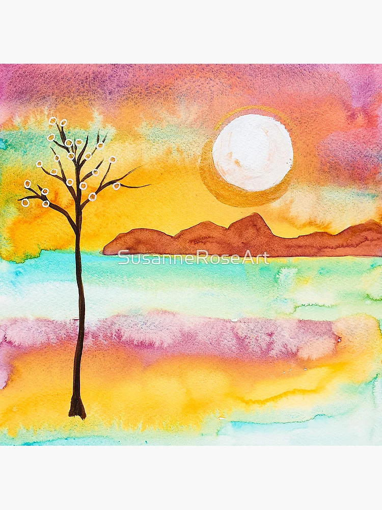 Rising - Abstract watercolor painting of a tree on the beach and a full  moon/sun | Greeting Card