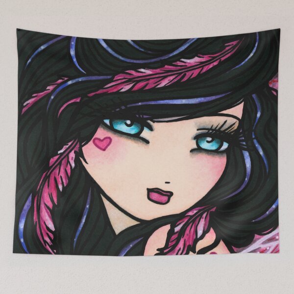 Item preview, Black Haired Beauty with Pink Feathers in her Hair Fairy Fantasy Art designed and sold by hannahlynnart.