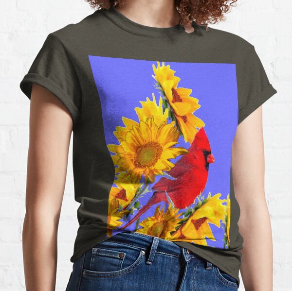 RED CARDINAL BIRD YELLOW SUNFLOWERS ART Classic T-Shirt