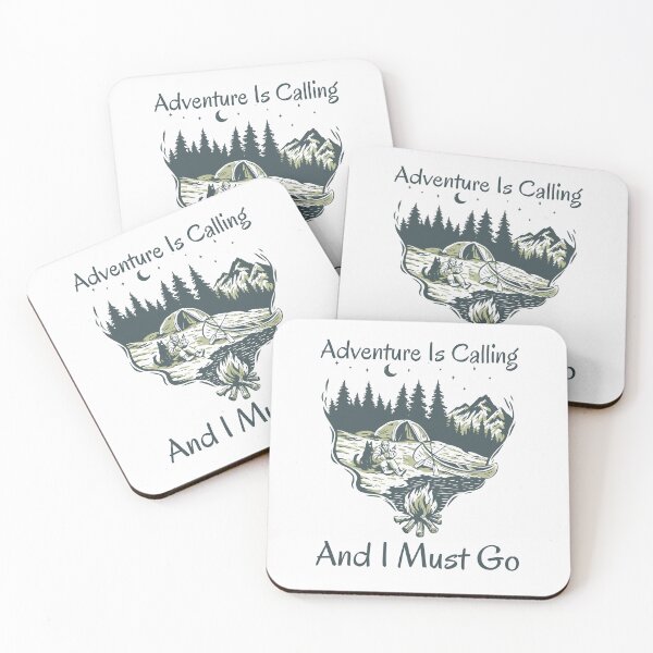 Item preview, Adventure is calling and I must go, Inspirational saying with a lake side campsite design perfect for hikers and adventure seekers designed and sold by Auntieck.