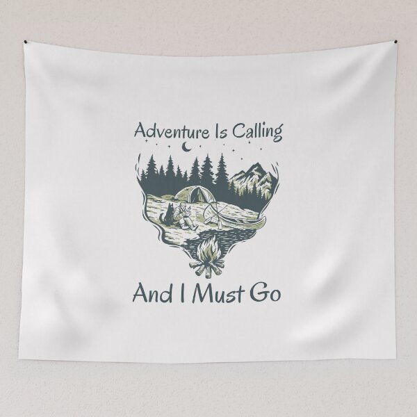Item preview, Adventure is calling and I must go, Inspirational saying with a lake side campsite design perfect for hikers and adventure seekers designed and sold by Auntieck.