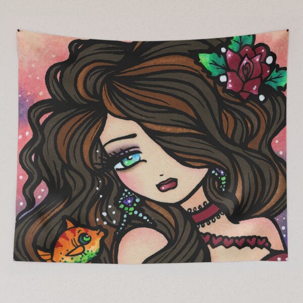 Item preview, Valentines Brown Haired Mermaid Kissy Fish Fantasy Art designed and sold by hannahlynnart.