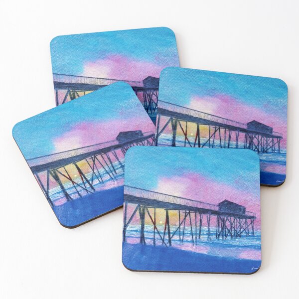 Item preview, Belmar New Jersey Pier watercolor painting by Laura Rispoli NJ art sunset ocean seascape pink sky colorful original designed and sold by Laura-Rispoli.