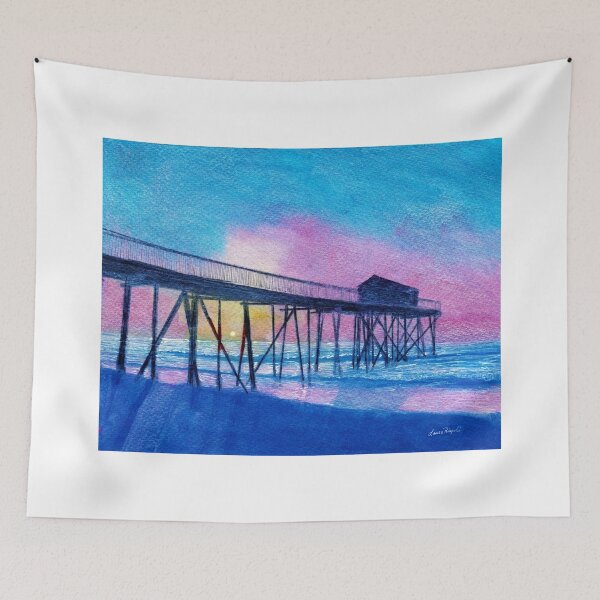Item preview, Belmar New Jersey Pier watercolor painting by Laura Rispoli NJ art sunset ocean seascape pink sky colorful original designed and sold by Laura-Rispoli.