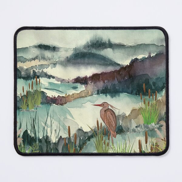 Item preview, Great Wild Heron - Misty Mountain Pond Watercolor Artwork designed and sold by SeasonsChange-.