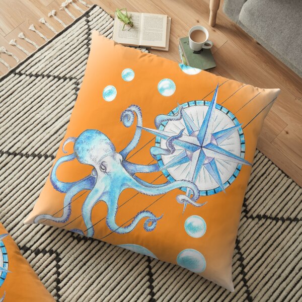 Blue octopus and Wind rose Floor Pillow