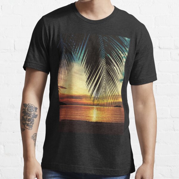 palm tree,sunset,mountain,ocean waves