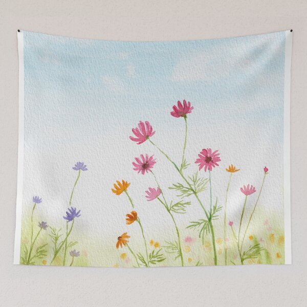 Item preview, Spring flower field under blue sky, watercolor painting wild flowers, daisy, cosmos, refreshing nature landscape designed and sold by fengyuhao.