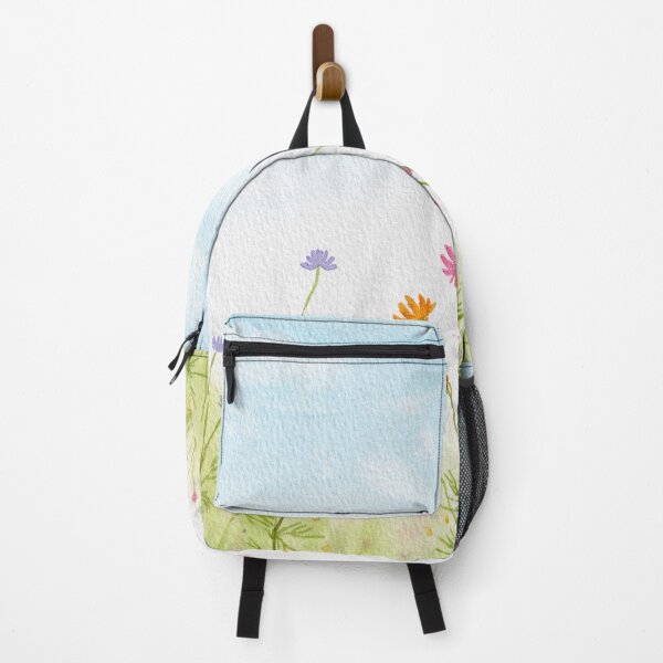 Item preview, Spring flower field under blue sky, watercolor painting wild flowers, daisy, cosmos, refreshing nature landscape designed and sold by fengyuhao.