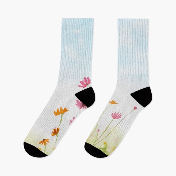 Item preview, Spring flower field under blue sky, watercolor painting wild flowers, daisy, cosmos, refreshing nature landscape designed and sold by fengyuhao.