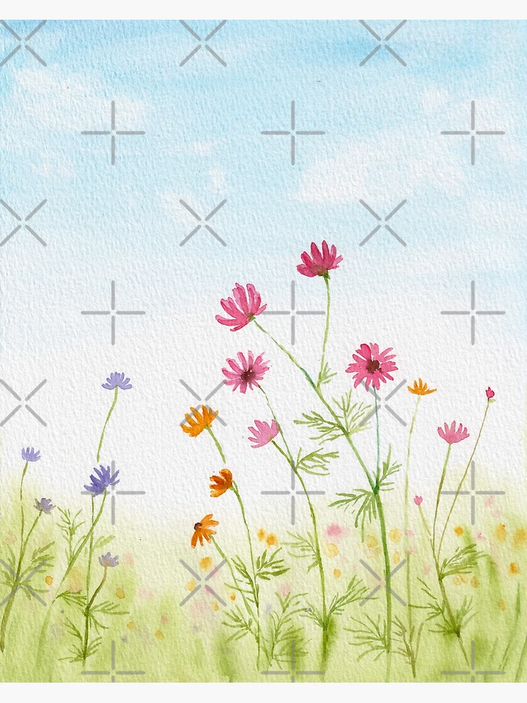 Spring flower field under blue sky, watercolor painting wild