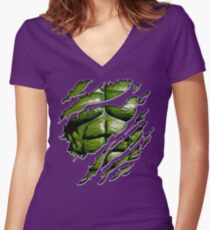 Green muscle chest in purple ripped torn tee Women's Fitted V-Neck T-Shirt