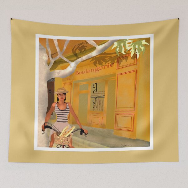 Item preview, bakery provence woman on bicycle illustration baguette under the plane trees in summer designed and sold by skiair.
