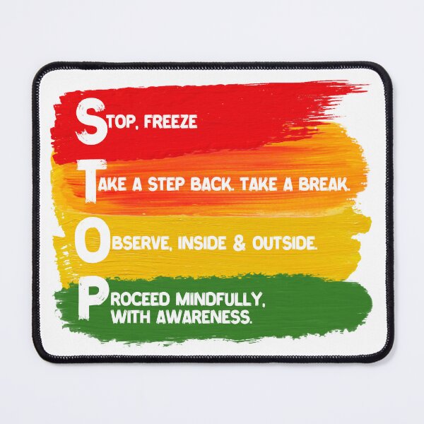 Item preview, STOP technique. Wise Mind. DBT Skill. Stay in Control. Take a break. Notice what is going on inside and outside you. Act with Awareness. You are worthy of care. Mental Health Matters.  designed and sold by Orianah.