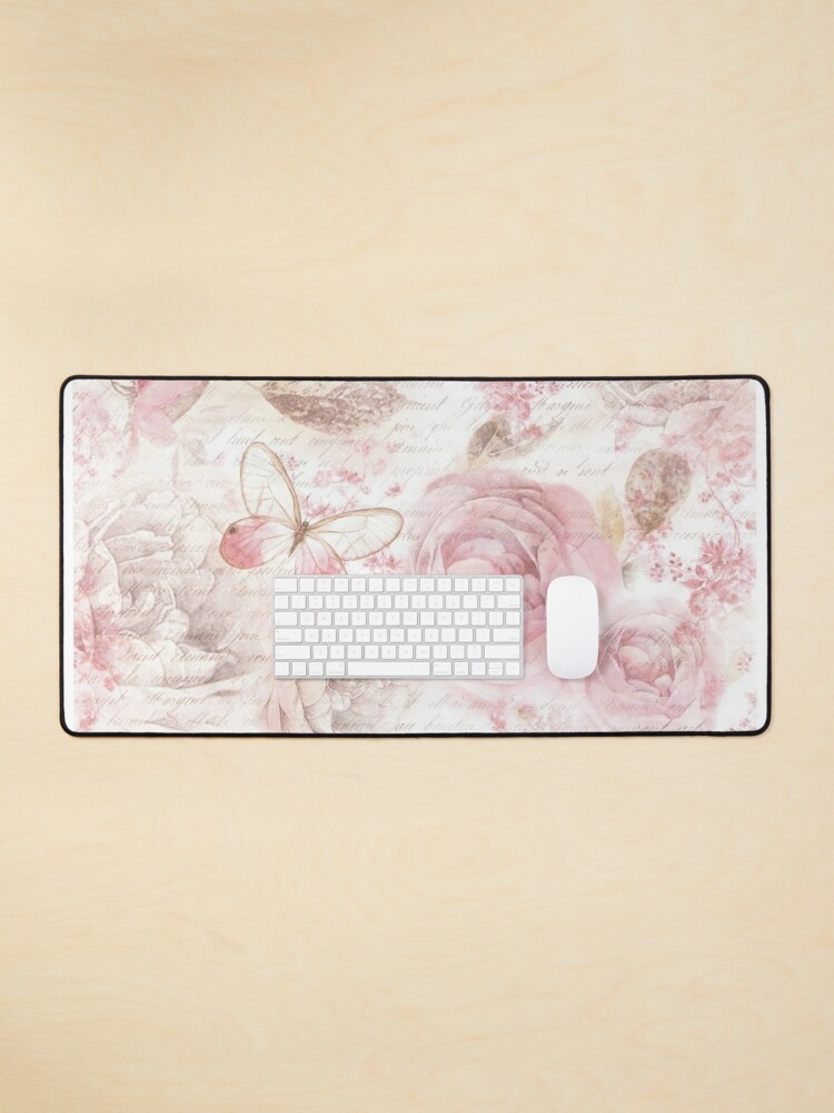 Thumbnail 1 of 5, Mouse Pad, Vintage pastel pink brown butterfly floral typography designed and sold by Kicksdesign.