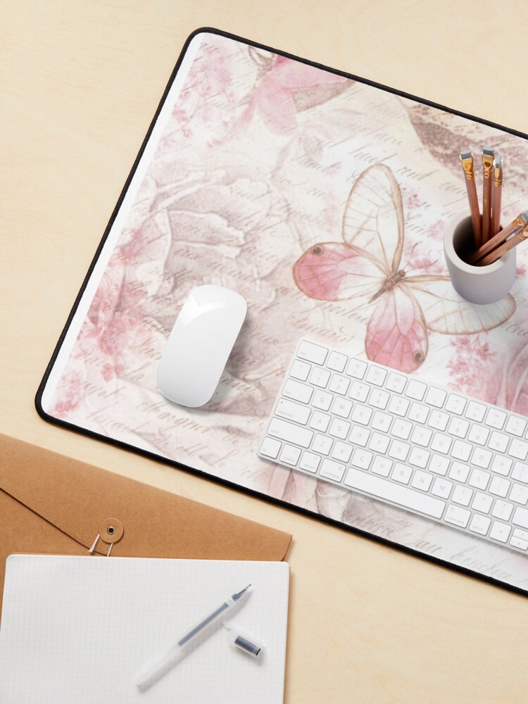 Thumbnail 3 of 5, Mouse Pad, Vintage pastel pink brown butterfly floral typography designed and sold by Kicksdesign.