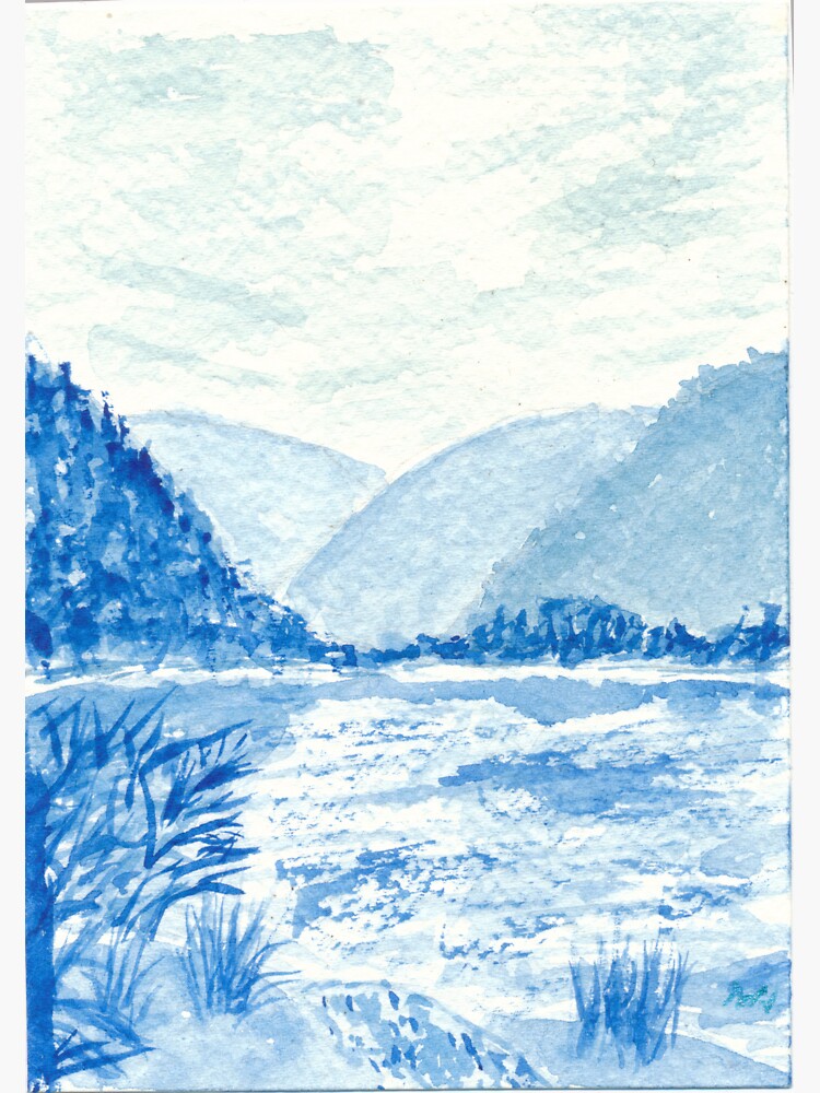 Thumbnail 3 of 3, Sticker, Monochrome lakeview in shades of blue designed and sold by Melindrea.