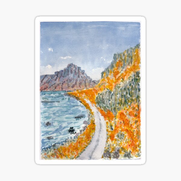Lake and mountain road in fall Sticker