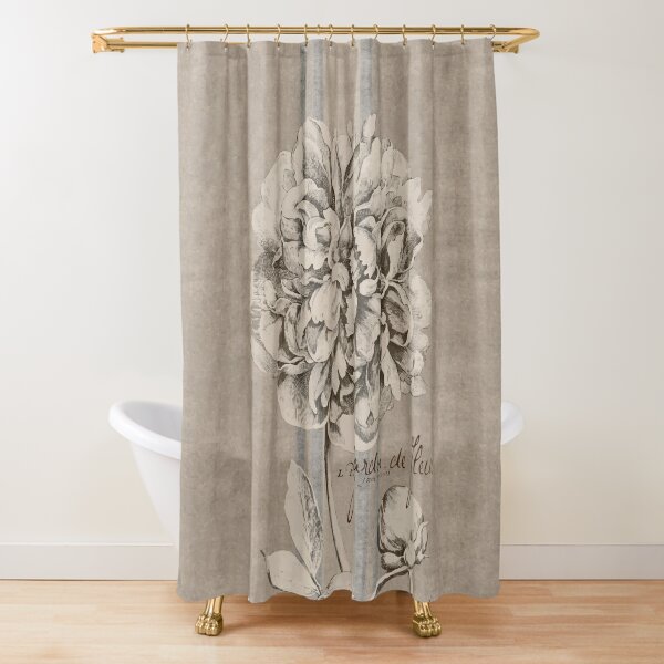 Seed Sack Floral Off White Charcoal Country Farmhouse Cotton Shower Curtain 